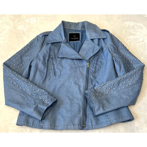 V Cristina Women's Faux Leather Moto Jacket Size L Blue Studs Fitted Lined